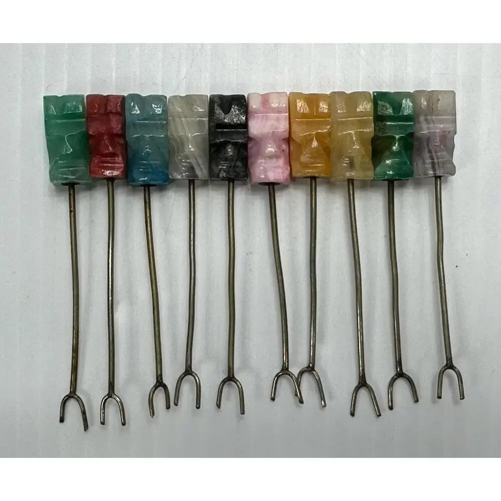 Vtg  MCM 10 Hand Carved Stone Tiki Head Appetizer Pics‎ Cocktail Forks Barware